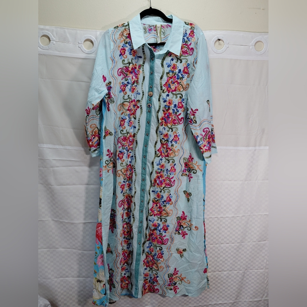 Aratta Light Blue Embroidered Floral Shirt Dress